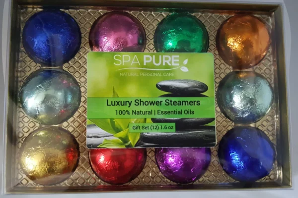 Gift Set with 12 Aromatherapy Shower Bombs - 100% Essential Oil Blends - foil wrapped 1.6 oz each