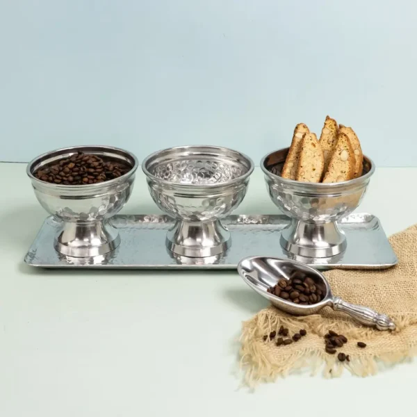 "Hammered Serving Tray With Oblong Bowls"