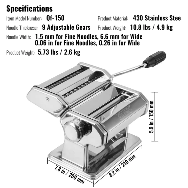 VEVOR Pasta Maker Machine, 9 Adjustable Thickness Settings Noodles Maker, Stainless Steel Noodle Rollers and Cutter, Manual Hand Press, Pasta Making Kitchen Tool Kit, Perfect for Spaghetti Lasagna - Image 6