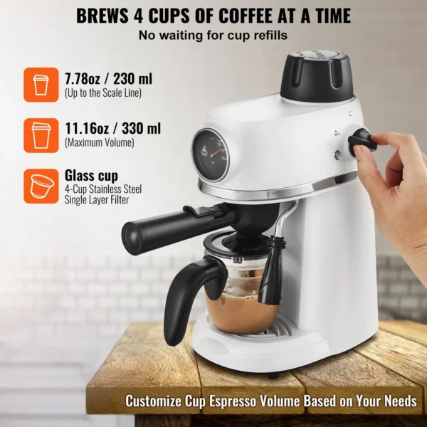 VEVOR Espresso Machine, 3.5 Bar Espresso Maker with Milk Frother Steam Wand, 4-Cup Professional Coffee/Espresso Machine with Temp Gauge & Removable Water Tank for Latte Cappuccino, NTC Control System - Image 4