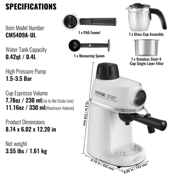 VEVOR Espresso Machine, 3.5 Bar Espresso Maker with Milk Frother Steam Wand, 4-Cup Professional Coffee/Espresso Machine with Temp Gauge & Removable Water Tank for Latte Cappuccino, NTC Control System - Image 6