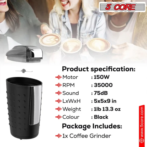 5Core Coffee Grinder 85 Gram Capacity 150W Electric Bean Spice Grinders Black - Image 2