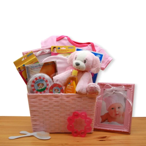 Puppy Love New Baby Gift Basket - Pink - baby bath set - baby girl gifts - new baby gift basket - baby gift baskets - baby shower gifts