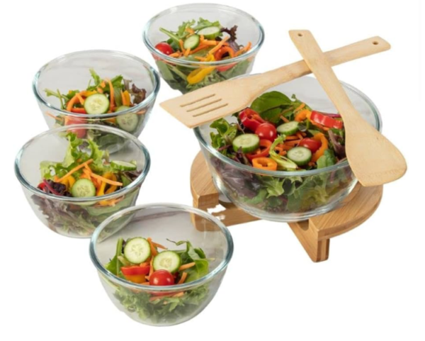 5pc Glass Salad Bowl Set with Serving Utensils | and Bamboo Pedestal Base