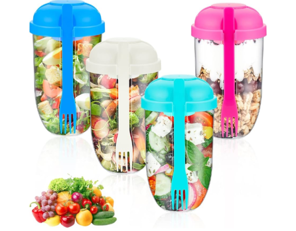 4 Pcs Salad Cup with Lids and Fork Fresh Salad Shaker Container for Lunch