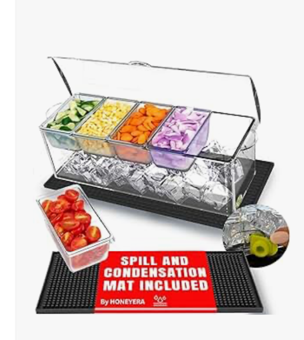 Chilled Condiment Server with Lid - 5 Removable Compartments, Condiment Serving Tray with Ice Tray & Free Mat,